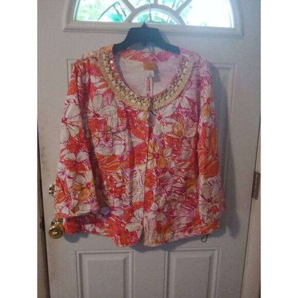 Blazer Jacket Ruby Rd 20W Snaps Beads Straw Tropical Floral Pink Orange White - Picture 2 of 8